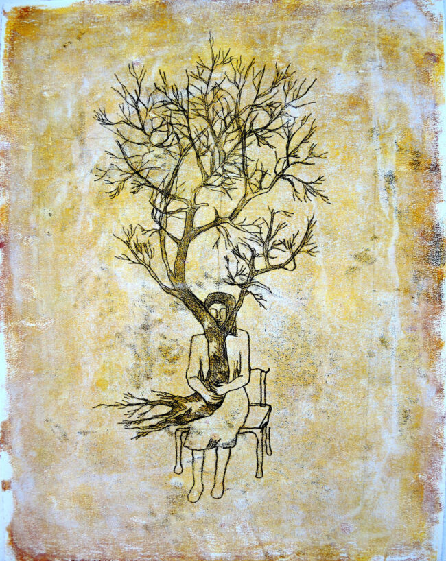 Zoya Sadri, Monotypie, Frau mit Baum Zoya Sadri, Monotypie, Frau mit Baum